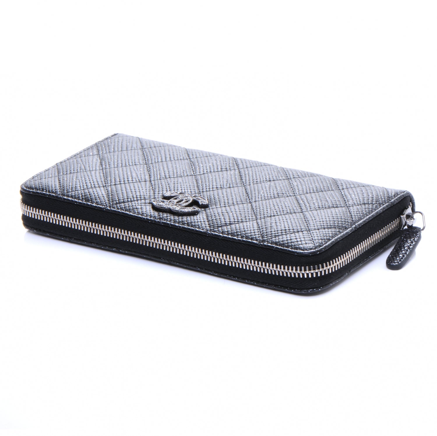 Chanel Glittered Calfskin Quilted Large Gusset Zip Wallet Black 4 of 8