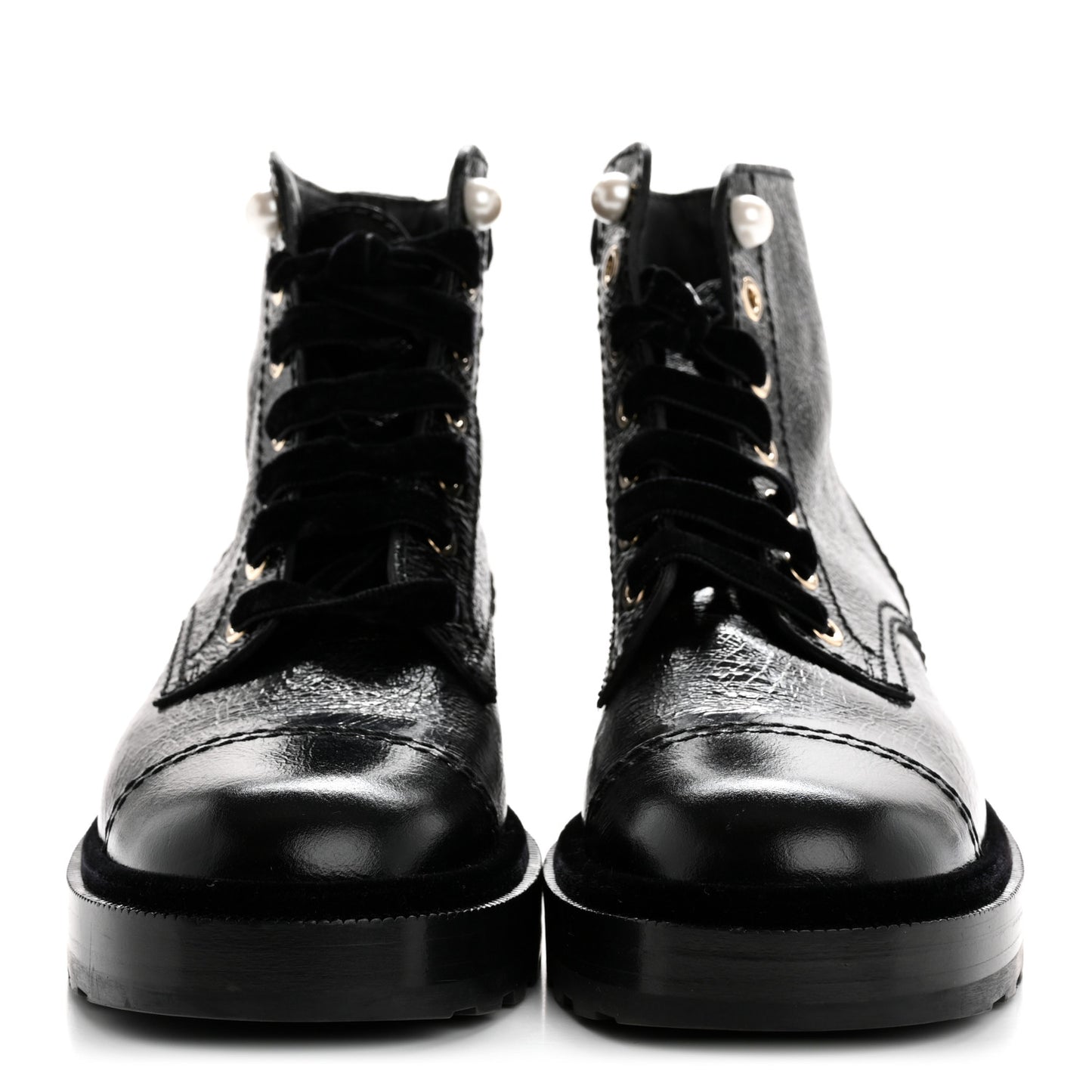 Shiny Calfskin Velvet Pearl Combat Short Boots 36 Black