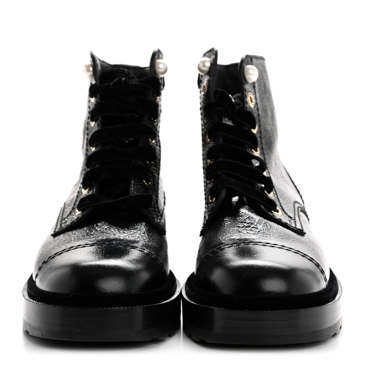 Chanel Shiny Calfskin Velvet Pearl Combat Short Boots 36 Black 3 of 10