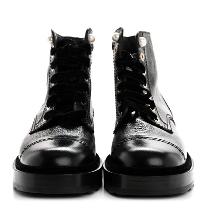 Chanel Shiny Calfskin Velvet Pearl Combat Short Boots 36 Black 3 of 10