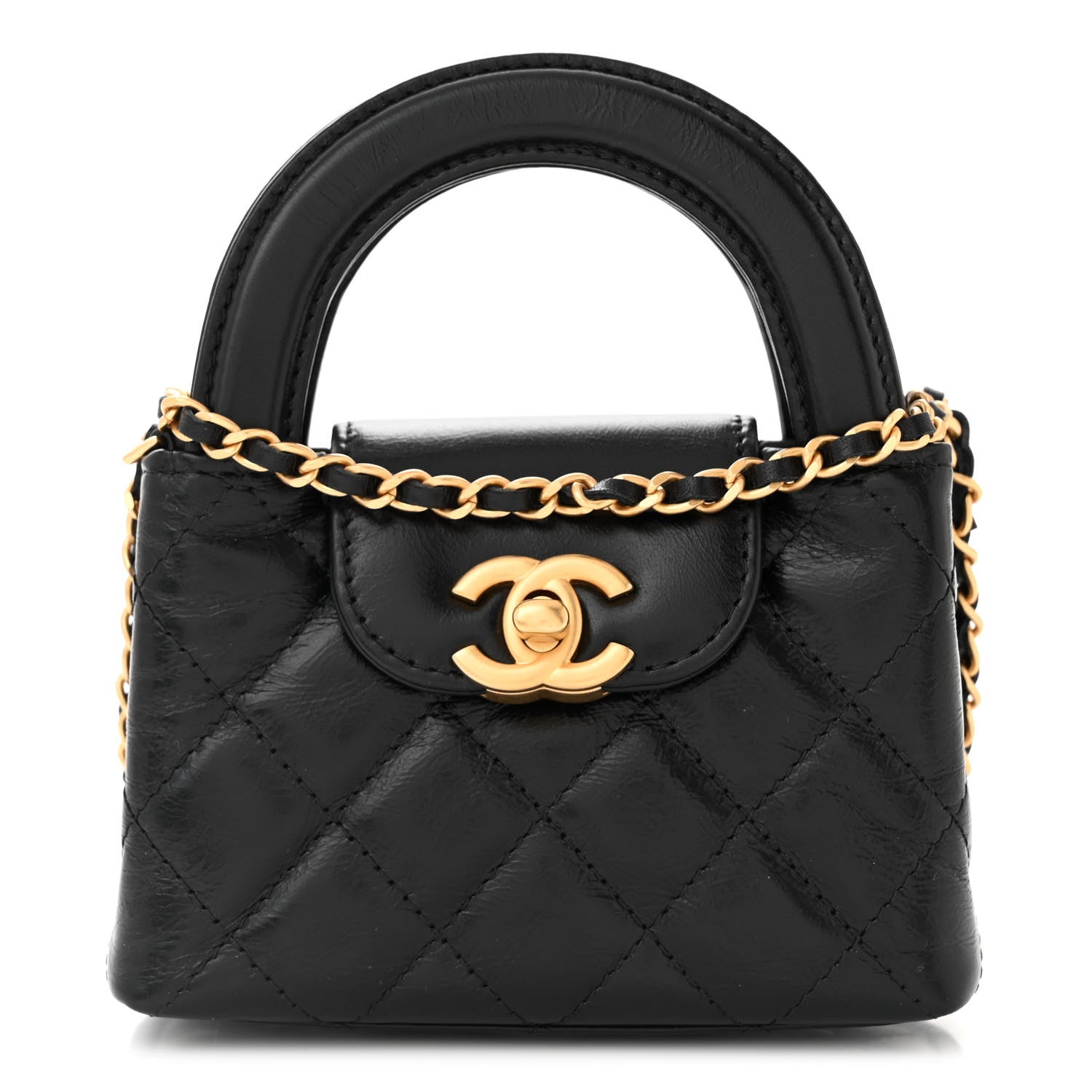 Chanel Shiny Aged Calfskin Quilted Mini Nano Kelly Shopper Black 1 of 10