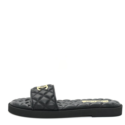 Chanel Lambskin Quilted Textured CC Mules Sandals 38.5 Black 1 of 9