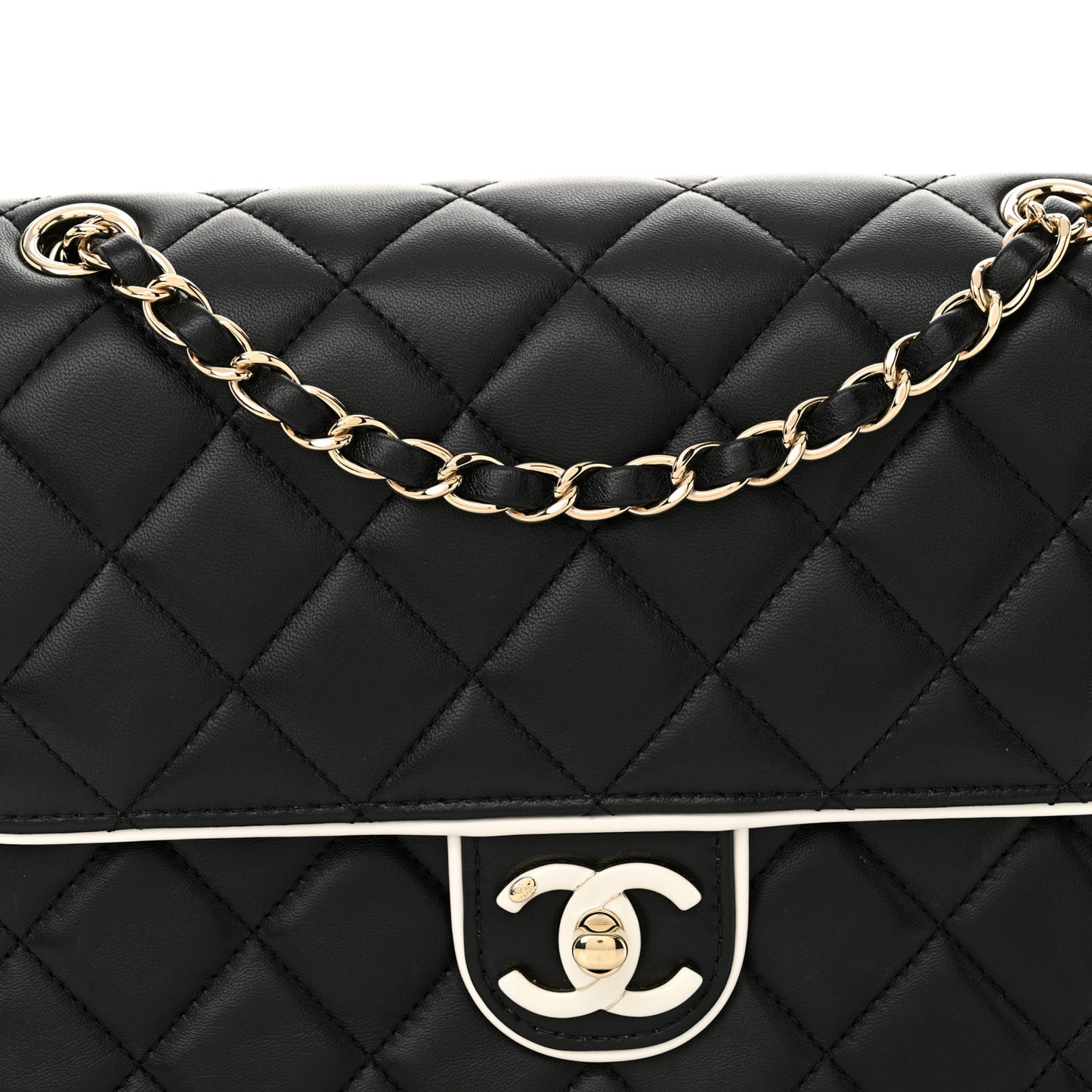 Lambskin Quilted Resin Graphic Frame Flap Bag Black White