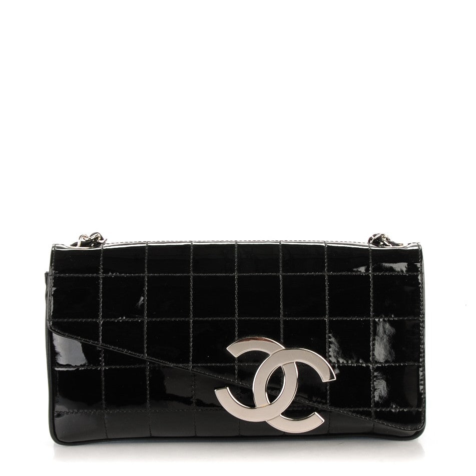 Patent Square Stitched CC Flap Clutch Black