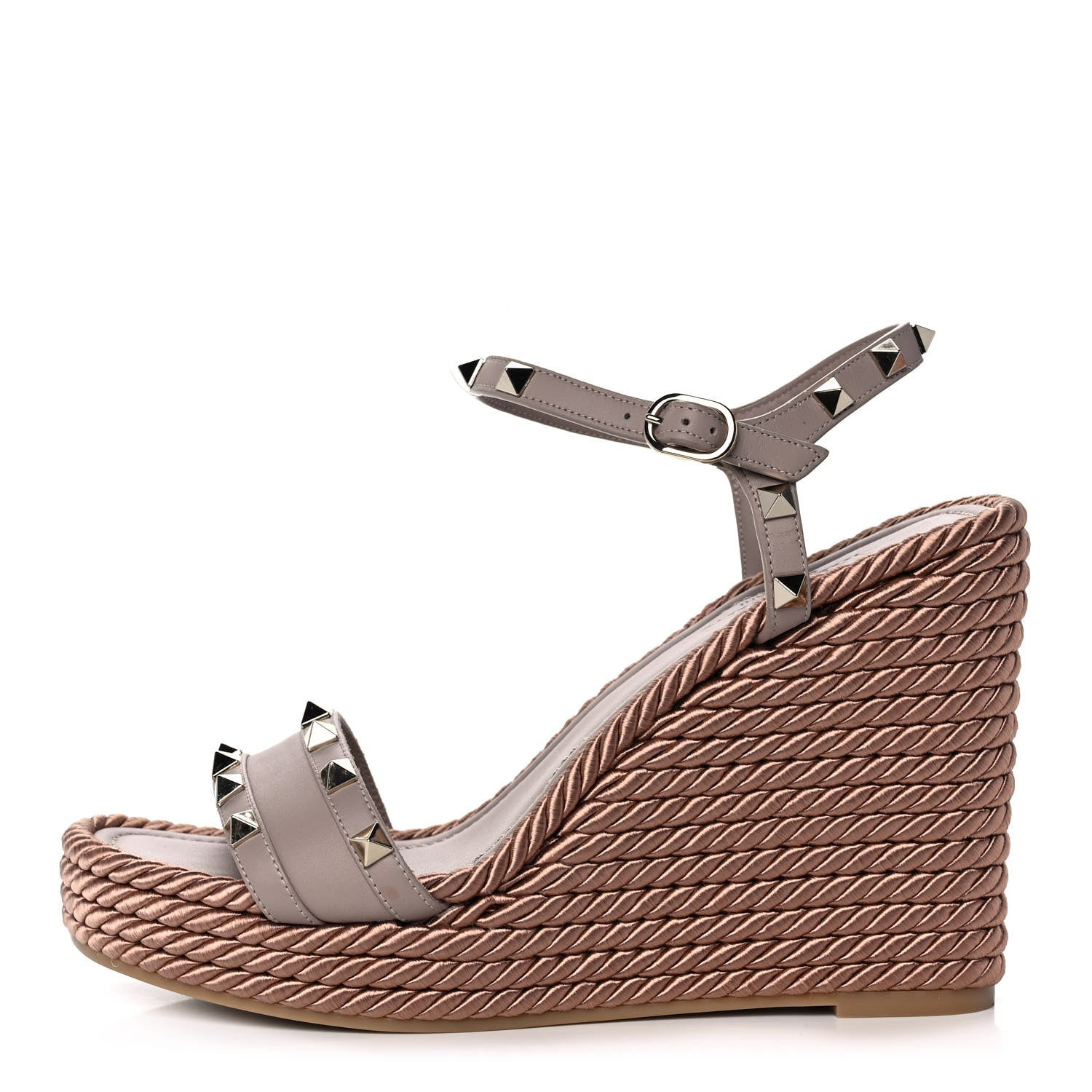 Valentino Garavani Calfskin Rockstud Ankle Strap Torchon Espadrille 25/115mm Wedge Sandals 39 Poudre 1 of 10