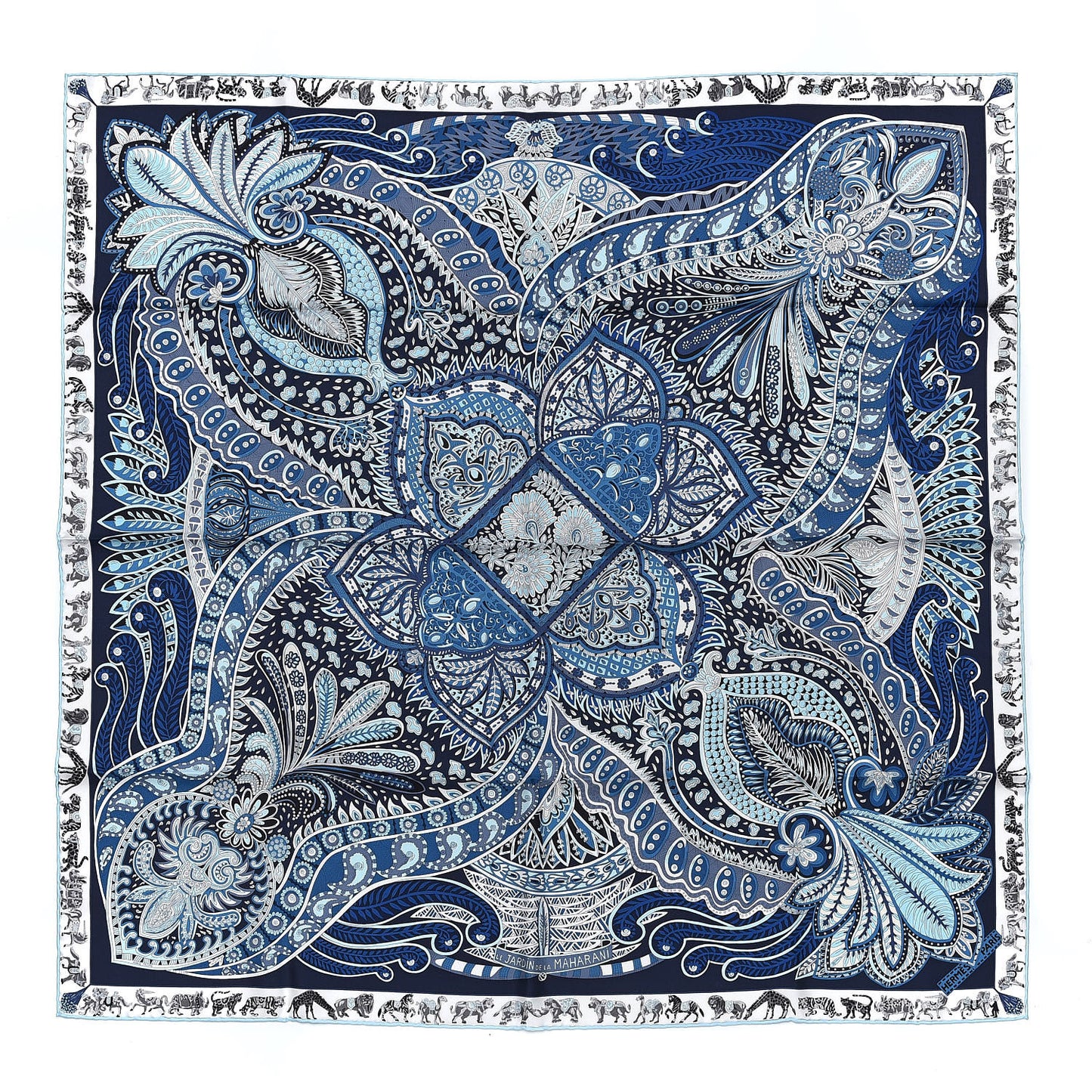 Silk Le Jardin De La Maharani Scarf 90 Marine Ciel White