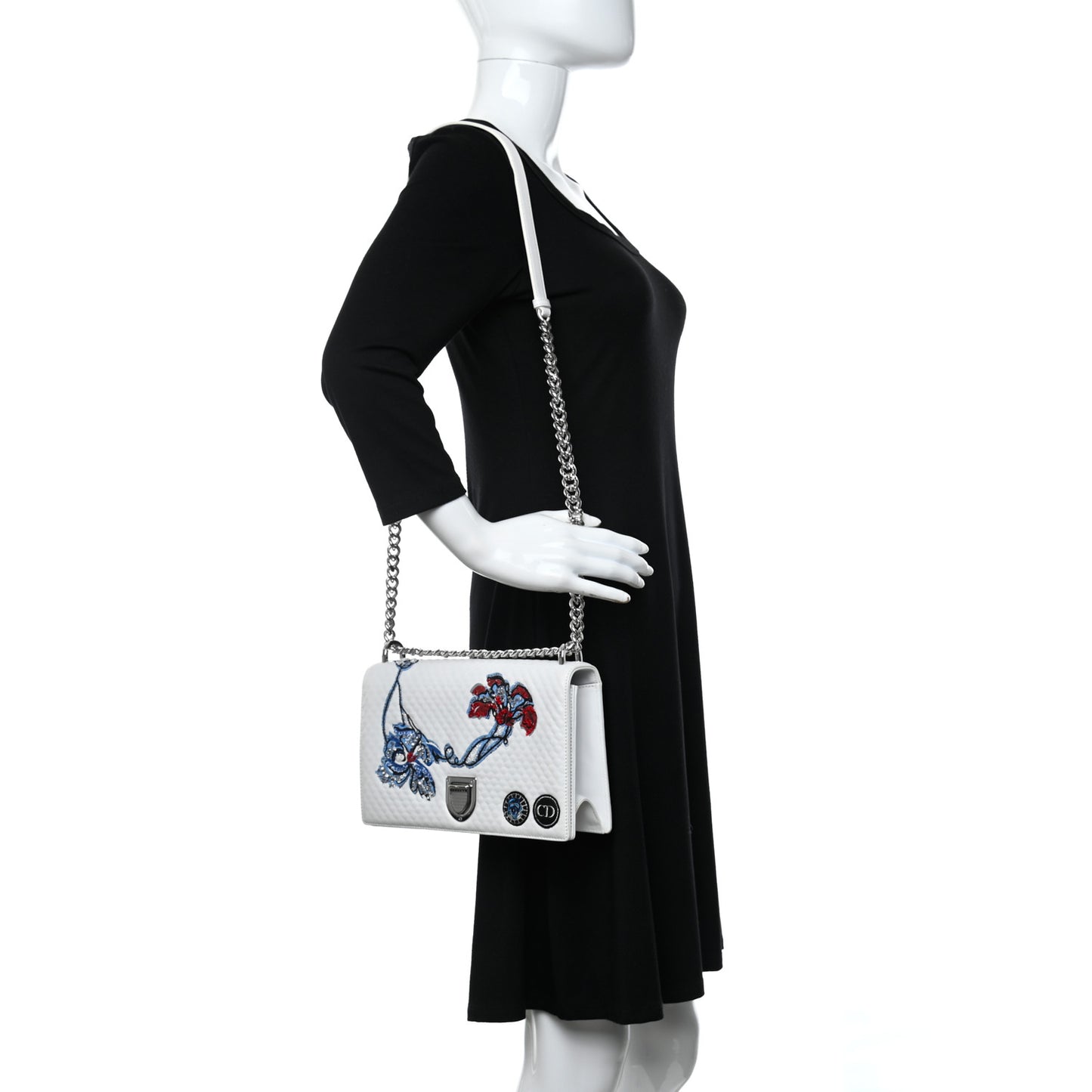 Lambskin Quilted Embroidered Small Diorama Flap Bag Off White