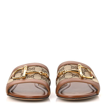 Gucci Calfskin Monogram Horsebit Womens Slide Sandals 37 Beige Ebony Sundial 3 of 12