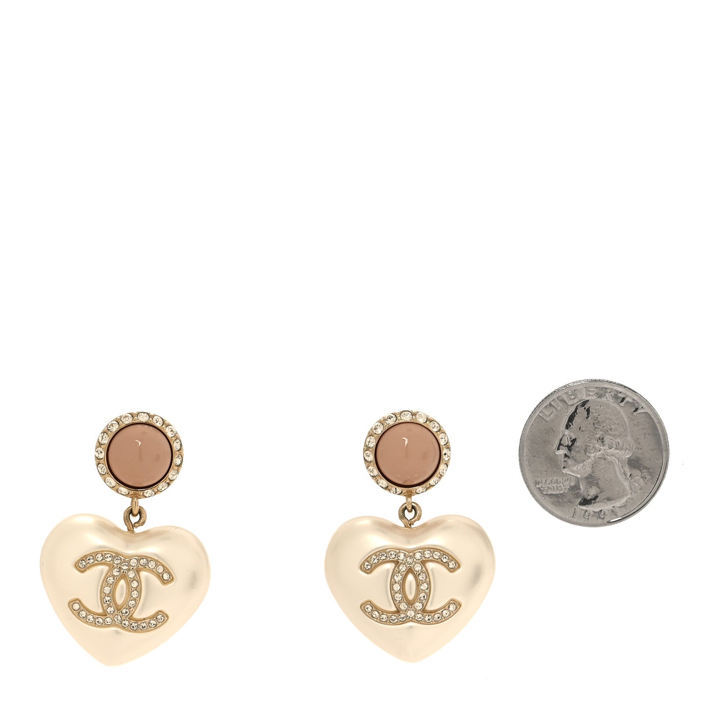 Pearl Resin Crystal CC Heart Drop Earrings Pink Gold