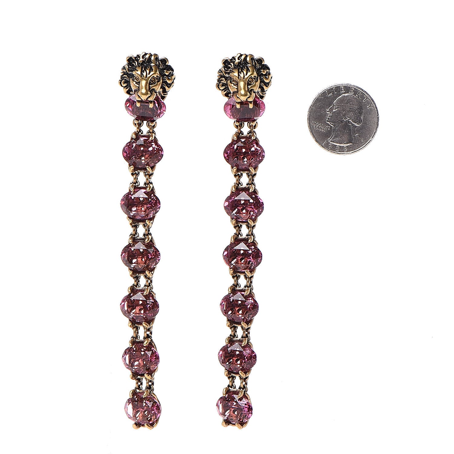 Gucci Crystal Metal Lionhead Drop Earrings Rosa Aged Gold 2 of 4