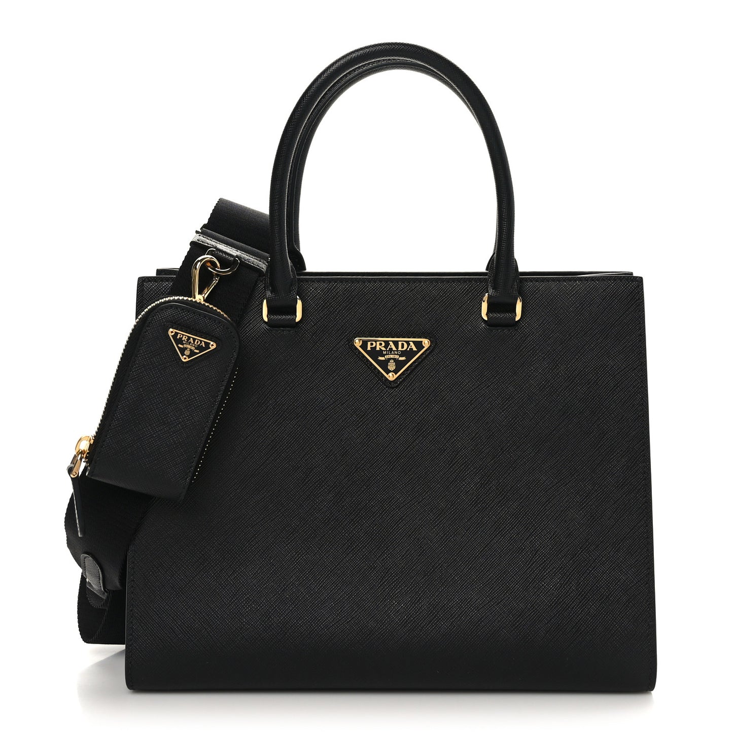 Saffiano Lux Metal Triangle Logo Medium Shoulder Tote Handbag Black
