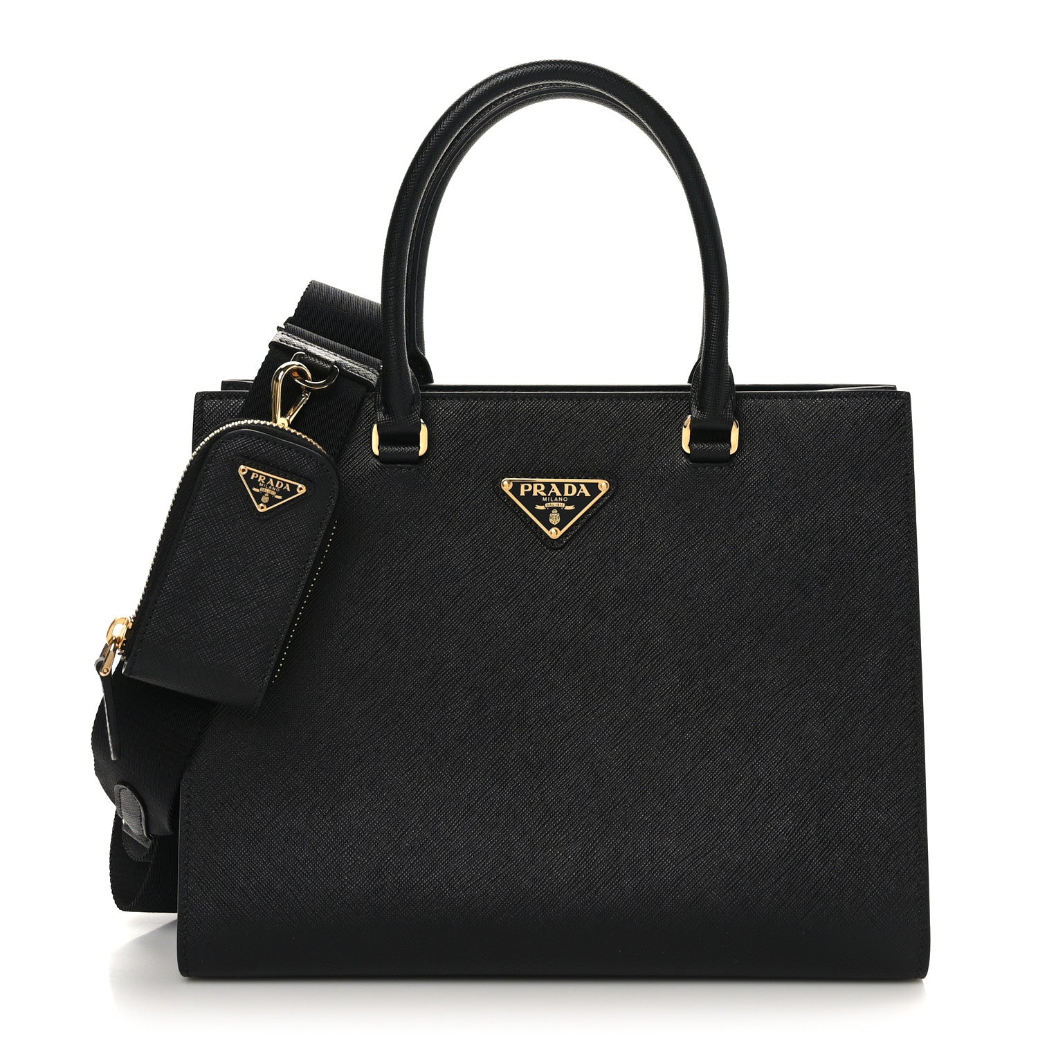 Prada Saffiano Lux Metal Triangle Logo Medium Shoulder Tote Handbag Black 1 of 8