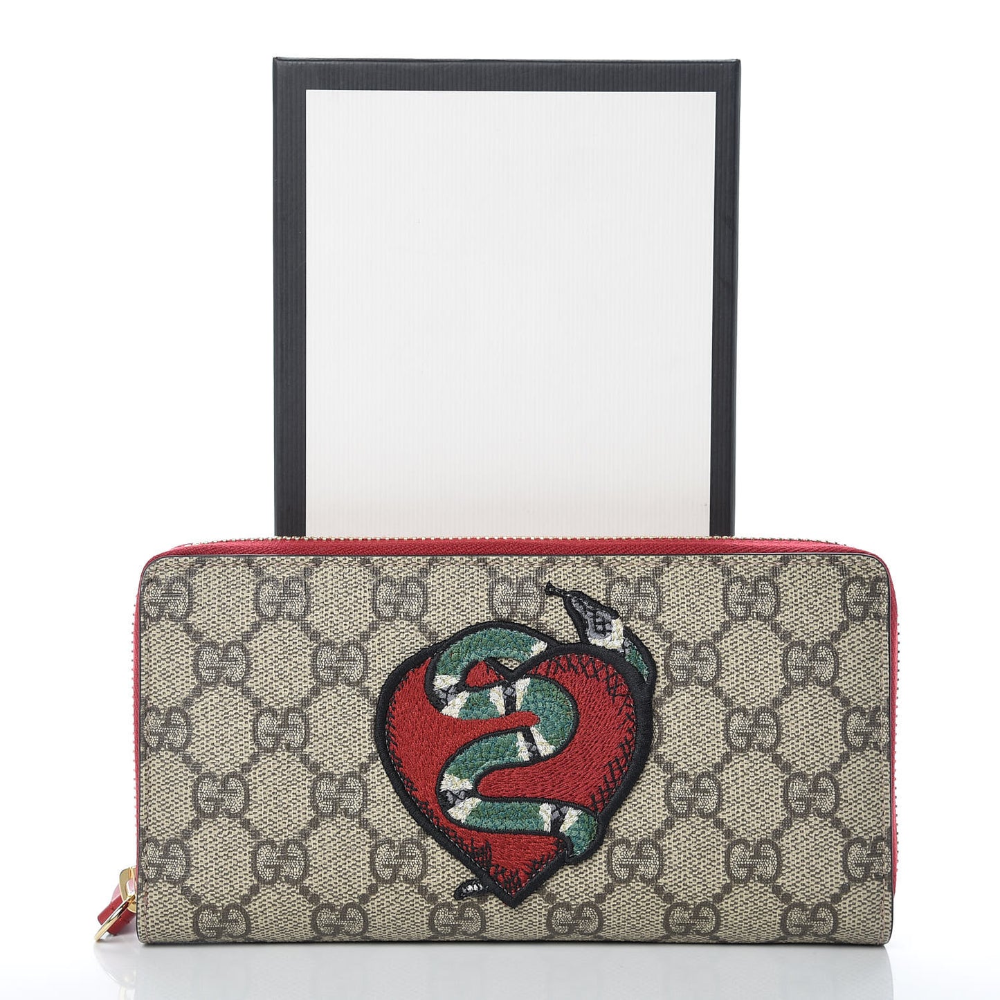 GG Supreme Monogram Kingsnake Heart Embroidered Zip Around Wallet Red