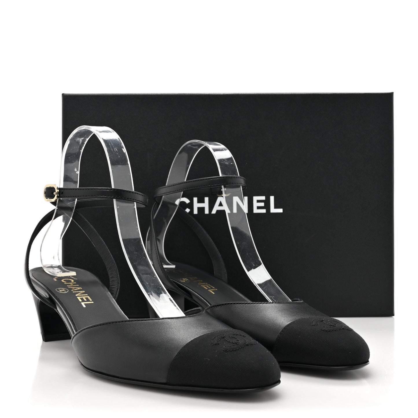 Lambskin Grosgrain Cap Toe CC Slingback Pumps 39.5 Black