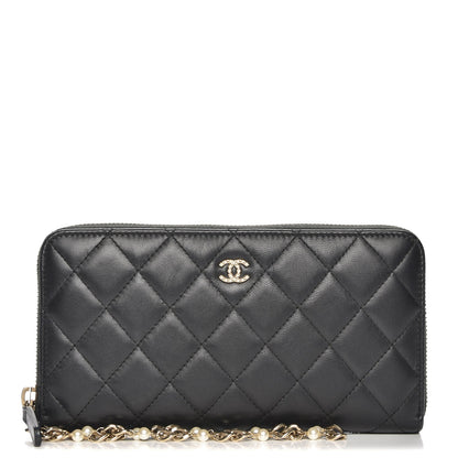 Chanel Lambskin Quilted Pearl Chain Wrist Wallet Black 1 of 9