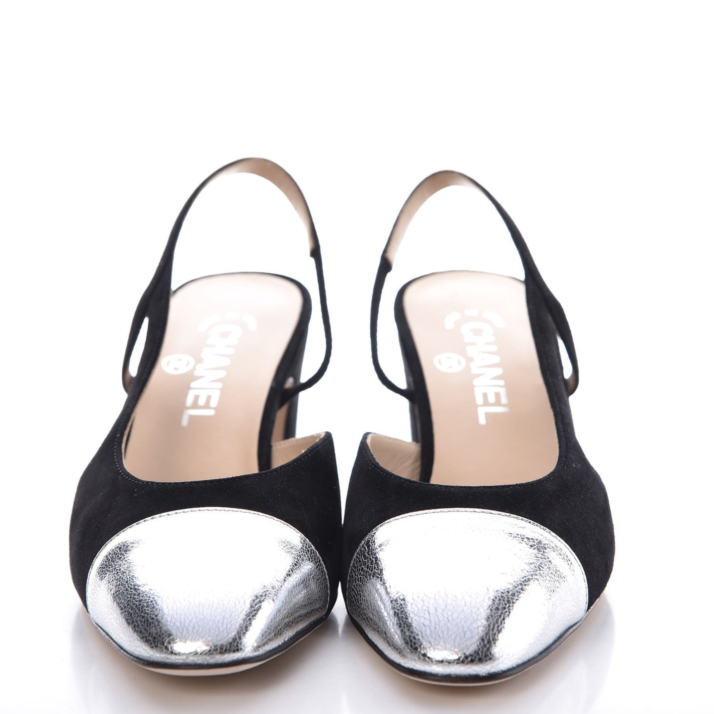 Kid Suede Metallic Lambskin Cap Toe CC Slingback Pumps 37.5 Black Silver