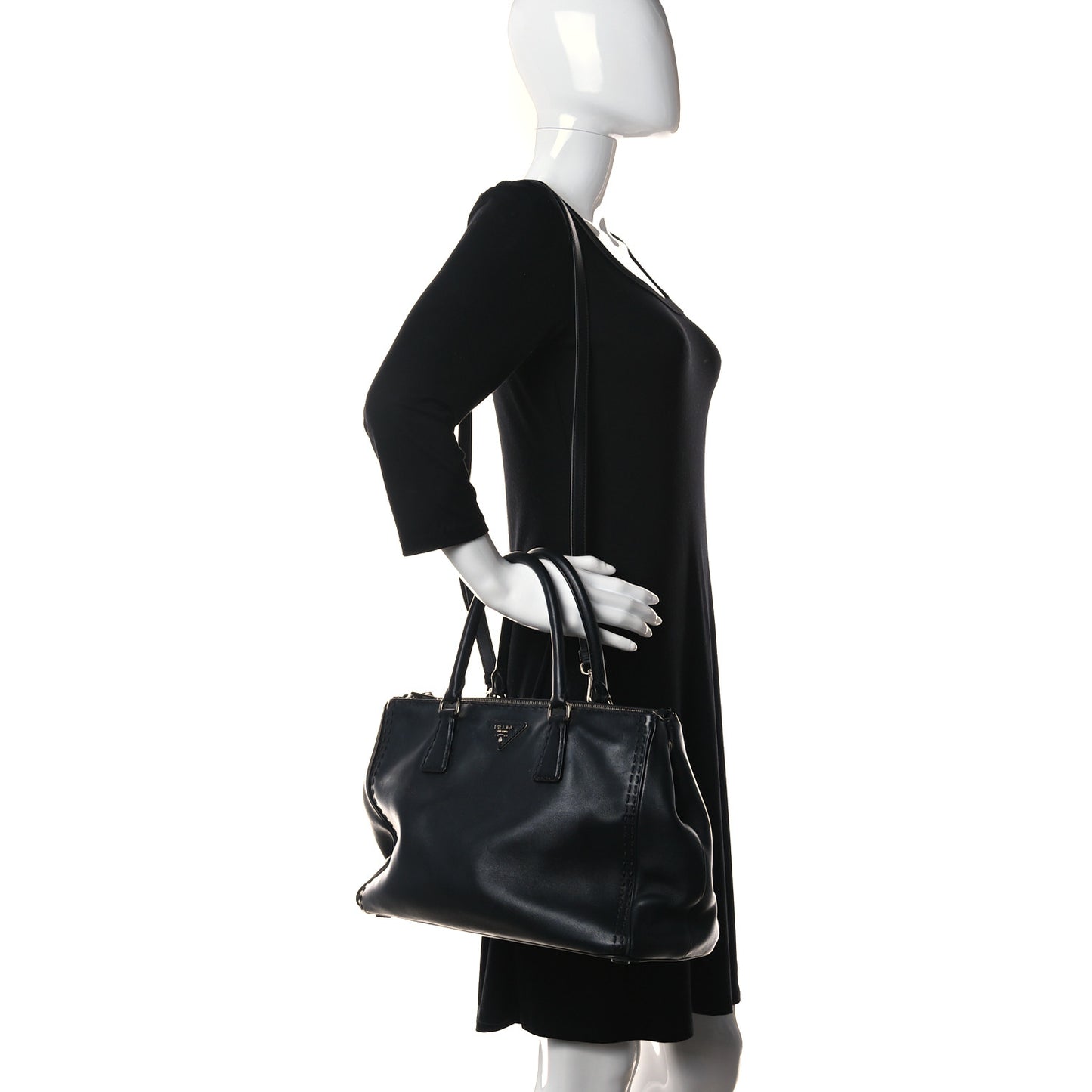 City Calf Hand Stitched Medium Galleria Double Zip Tote Black
