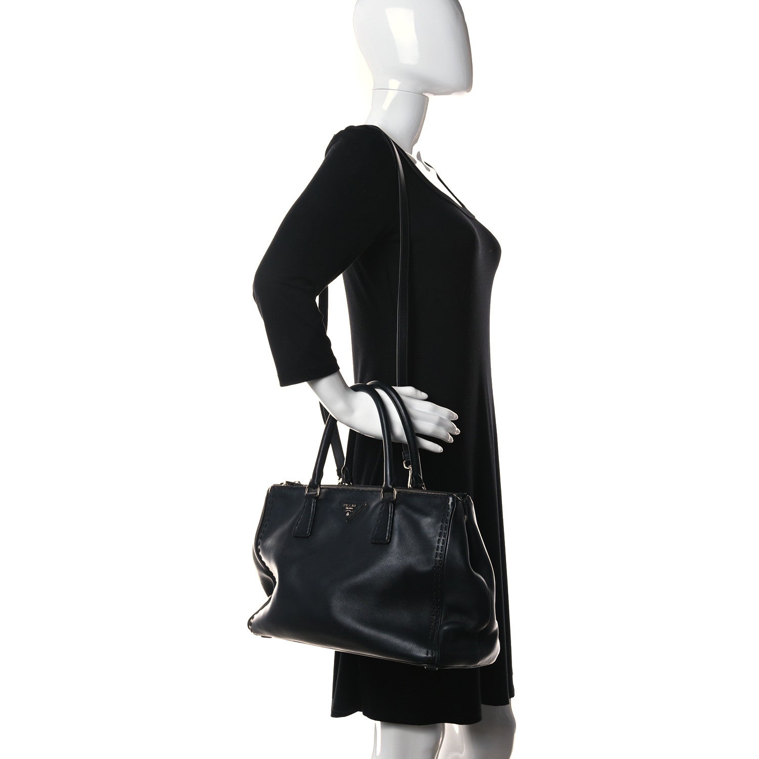 Prada City Calf Hand Stitched Medium Galleria Double Zip Tote Black 2 of 14