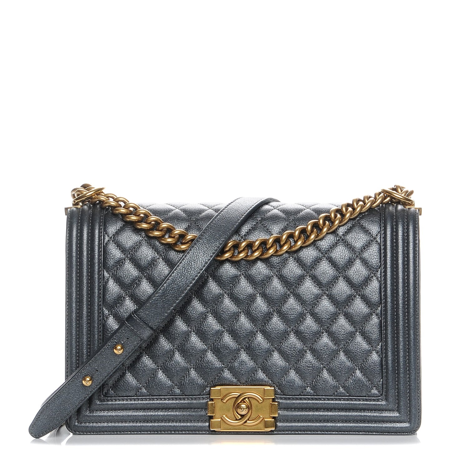 Metallic Calfskin Quilted New Medium Boy Flap Dark Grey