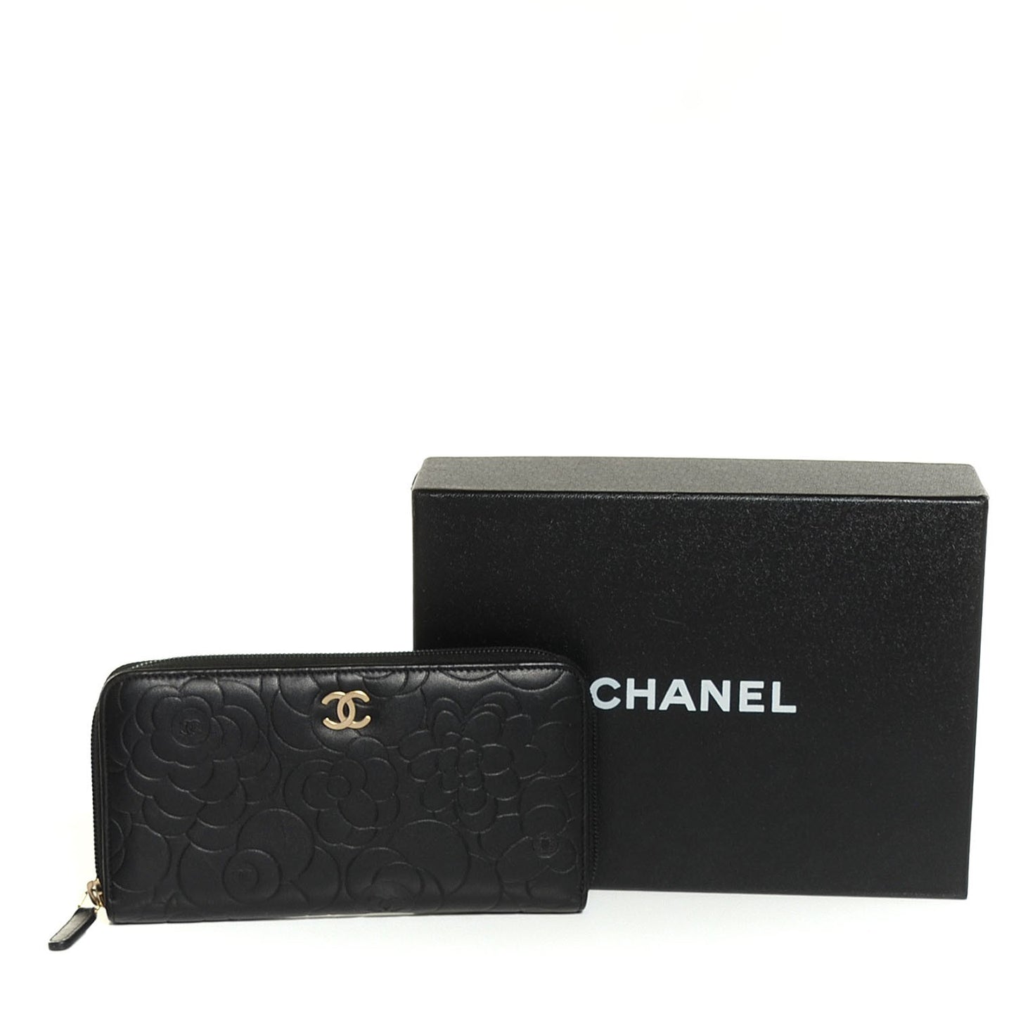 Lambskin Camellia Embossed Large Zip Around Gusset Wallet Black