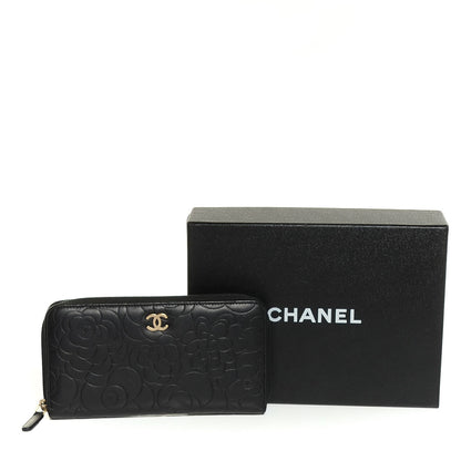 Chanel Lambskin Camellia Embossed Large Zip Around Gusset Wallet Black 9 of 9