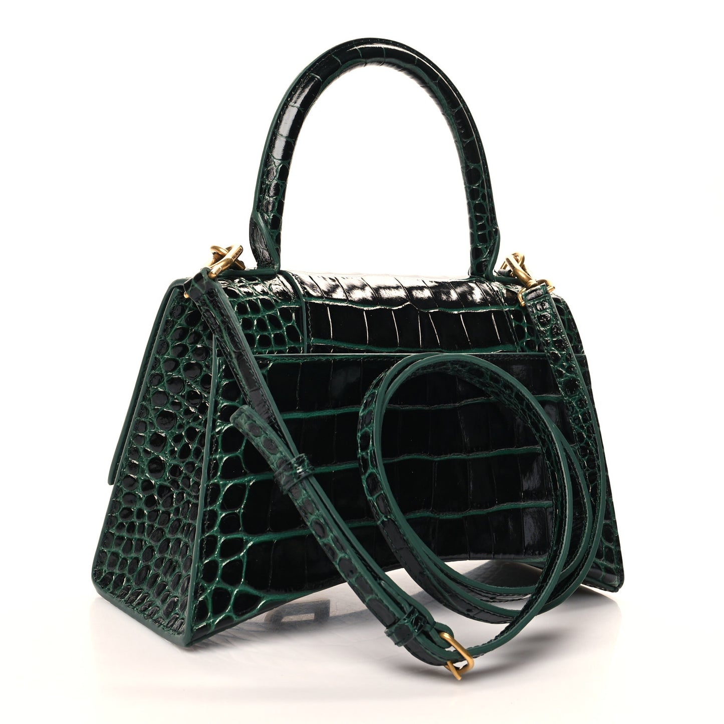 Shiny Calfskin Crocodile Embossed Small Hourglass Top Handle Bag Forest Green