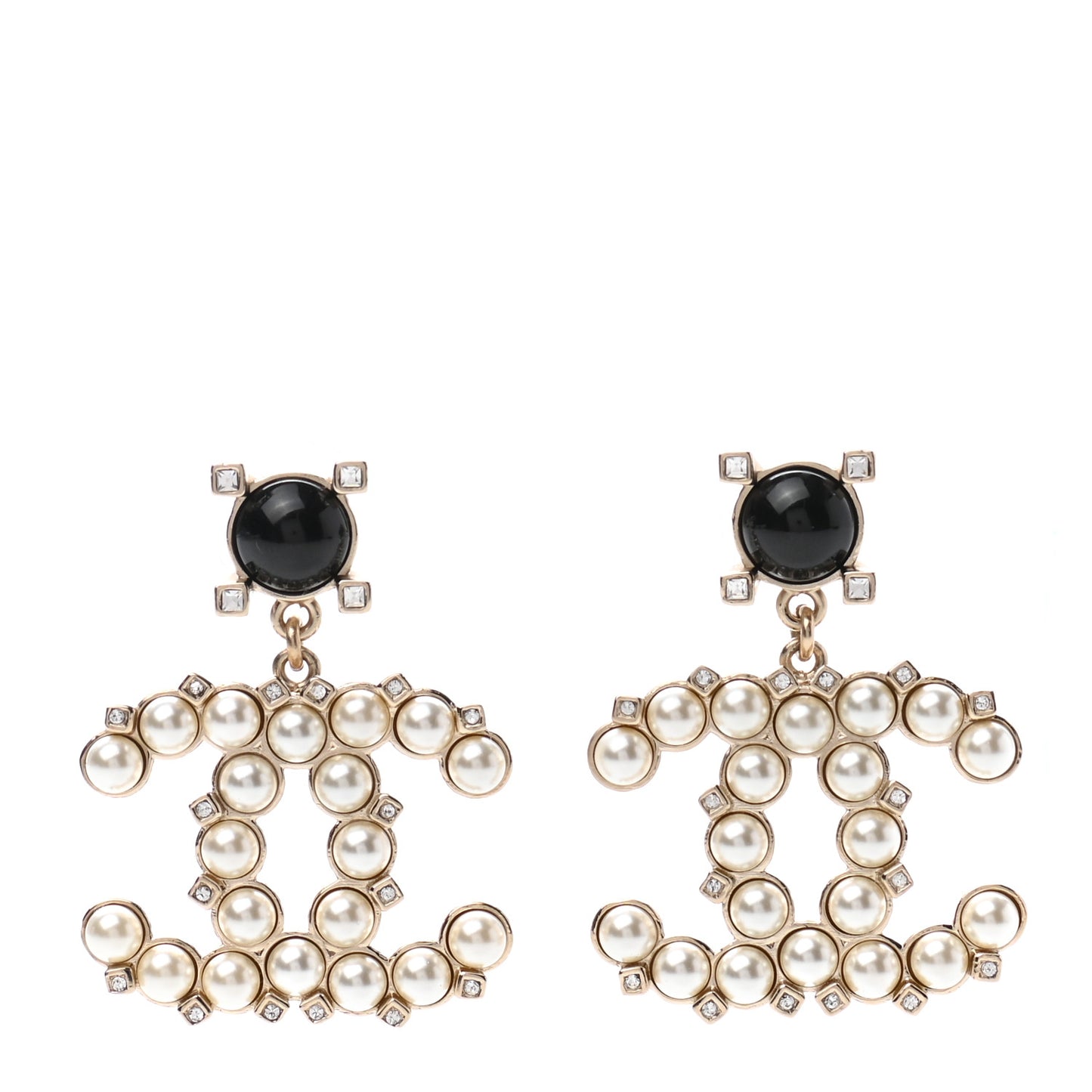 Resin Crystal Pearl CC Drop Earrings Black Gold