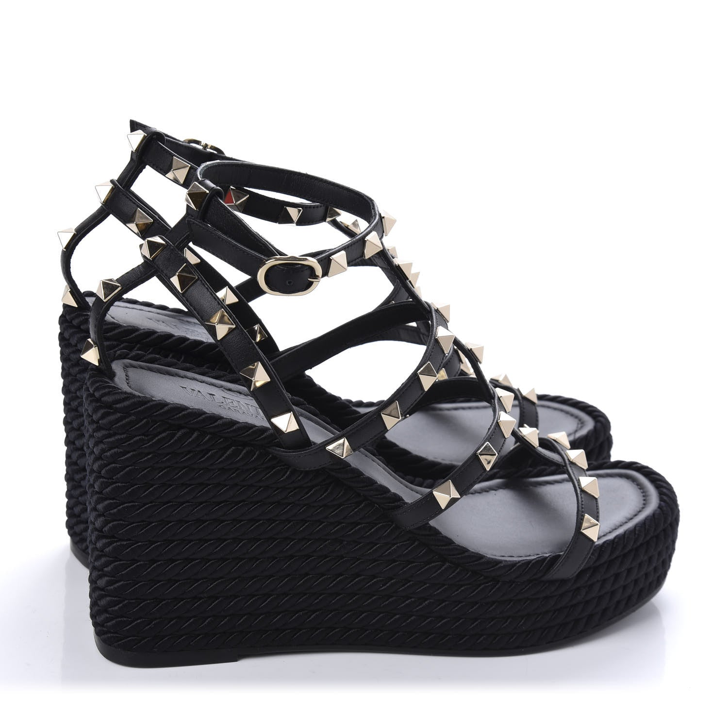 Valentino Garavani Calfskin Rockstud Ankle Strap Torchon Espadrille Caged 25/95mm Wedge Sandals 37 Black 4 of 10