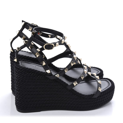 Valentino Garavani Calfskin Rockstud Ankle Strap Torchon Espadrille Caged 25/95mm Wedge Sandals 37 Black 4 of 10