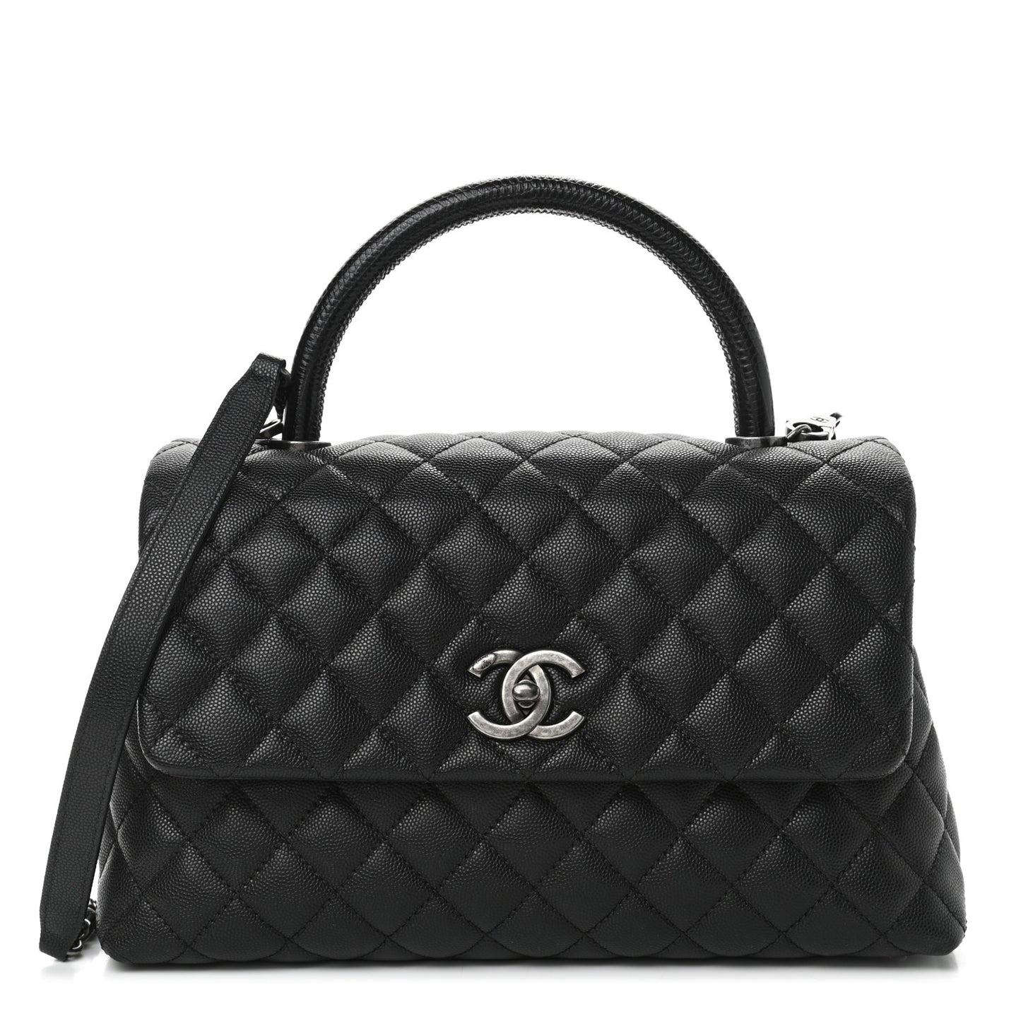 Caviar Lizard Quilted Small Coco Handle Flap Black