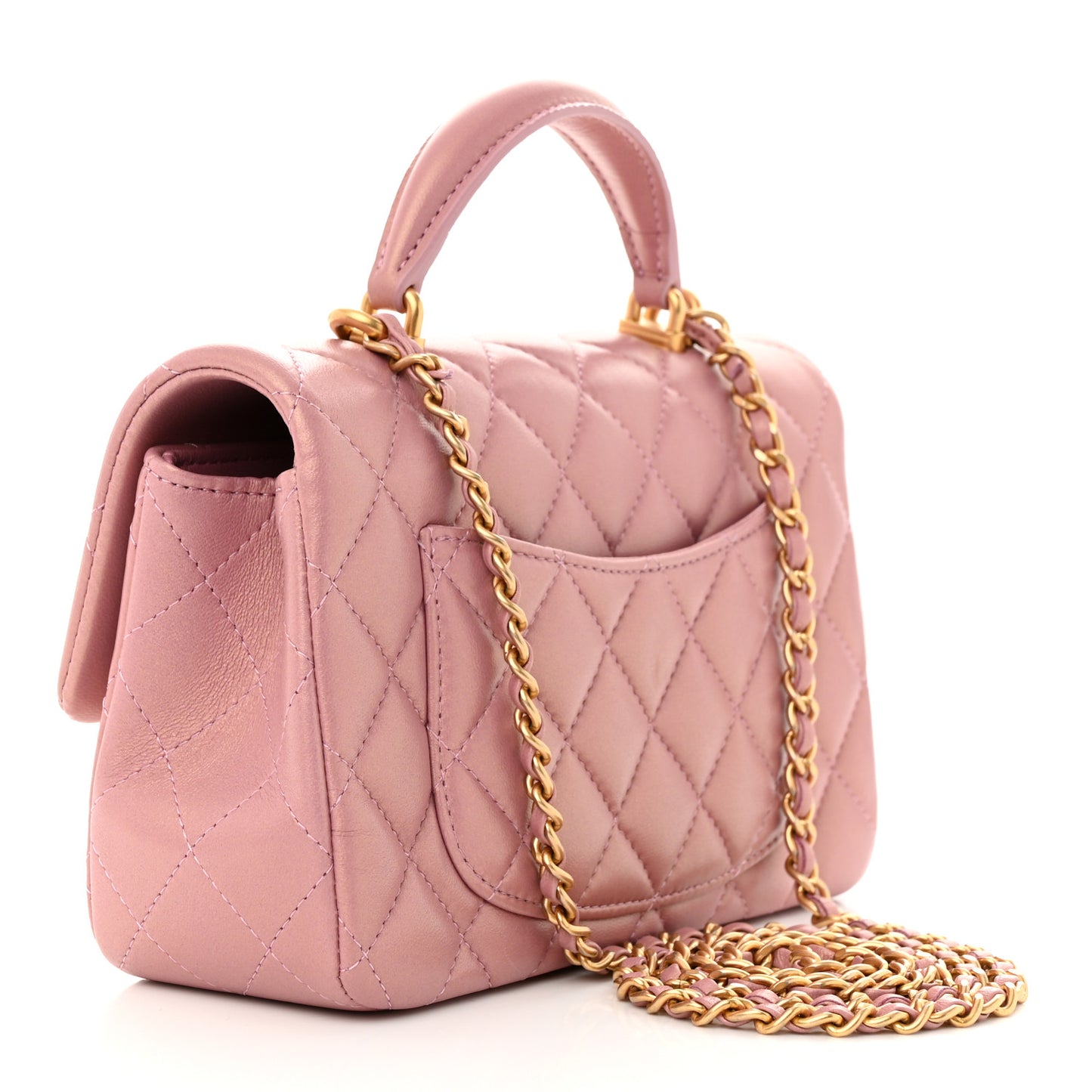 Iridescent Lambskin Quilted Mini Top Handle Rectangular Flap Pink