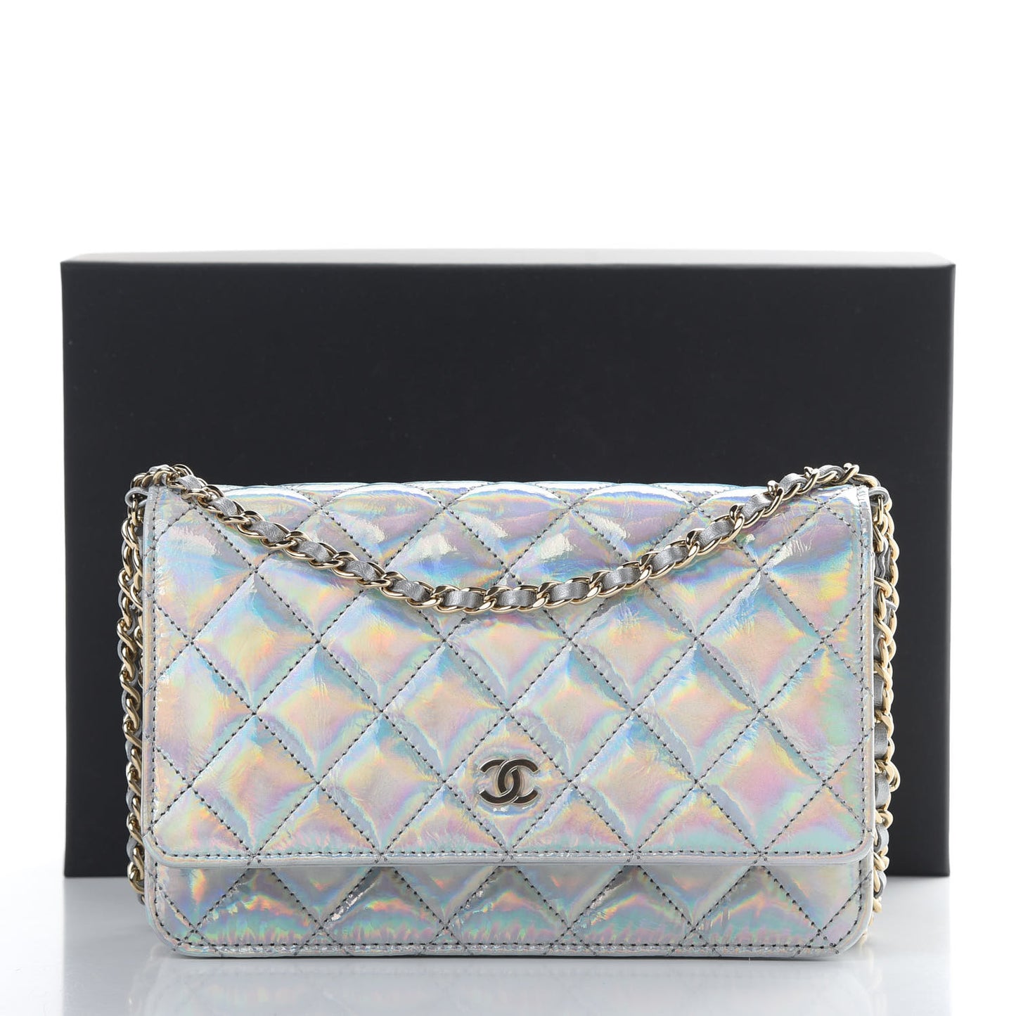 Iridescent Goatskin Quilted Wallet On Chain WOC Silver