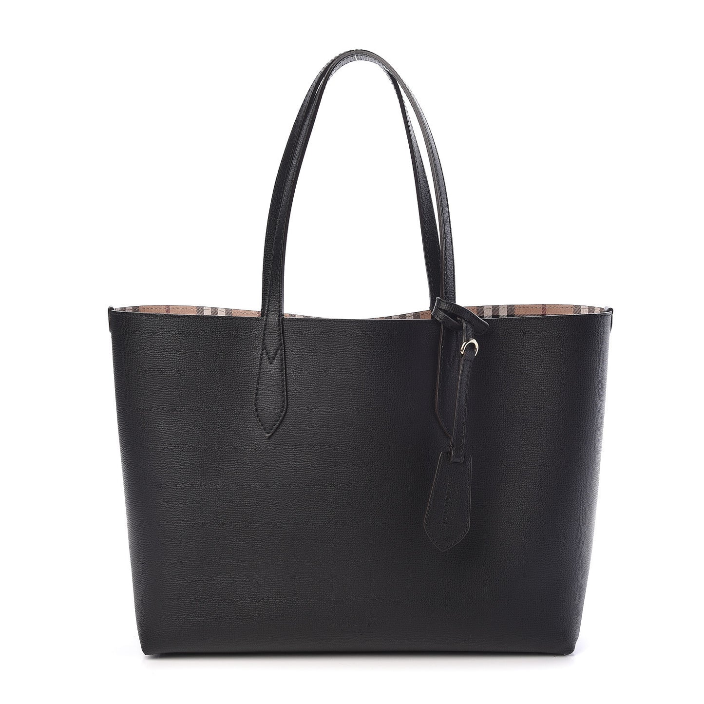 Grainy Calfskin Haymarket Check Medium Reversible Tote Black