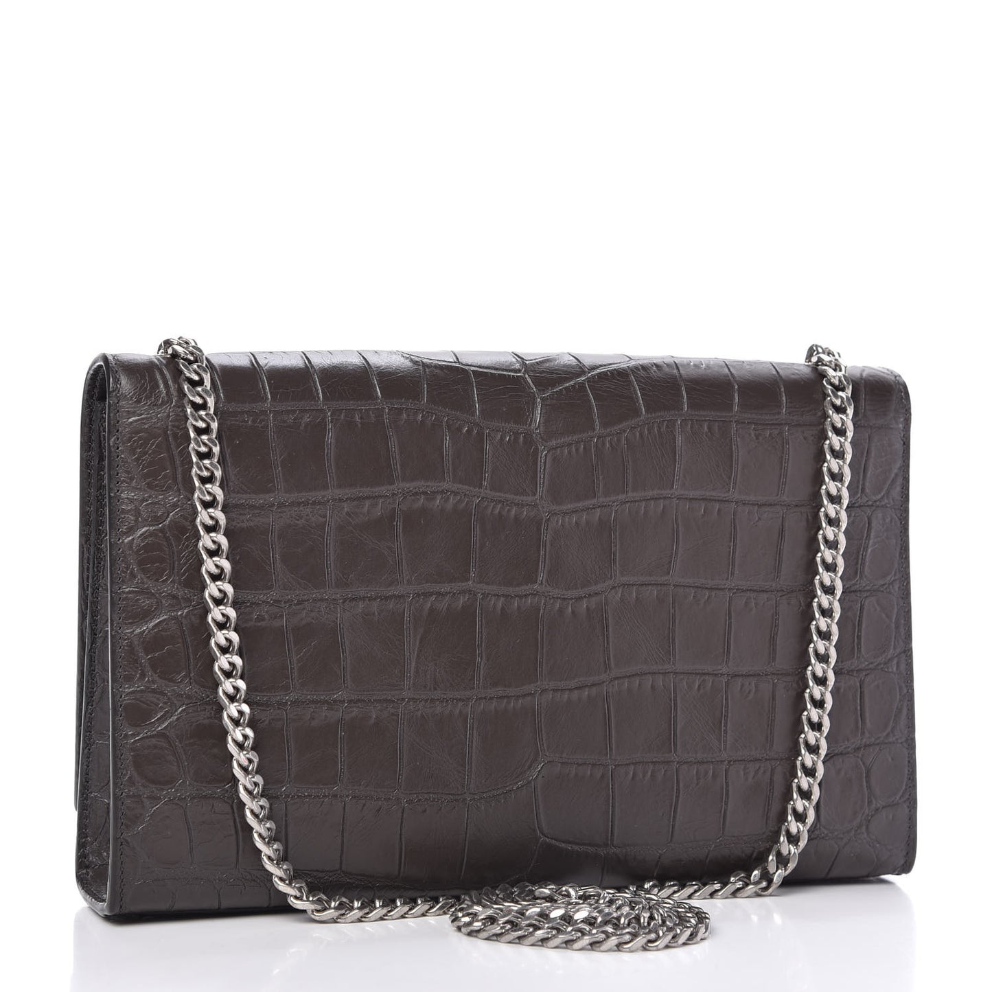 Calfskin Crocodile Embossed Medium Classic Monogram Kate Tassel Satchel Earth Grey