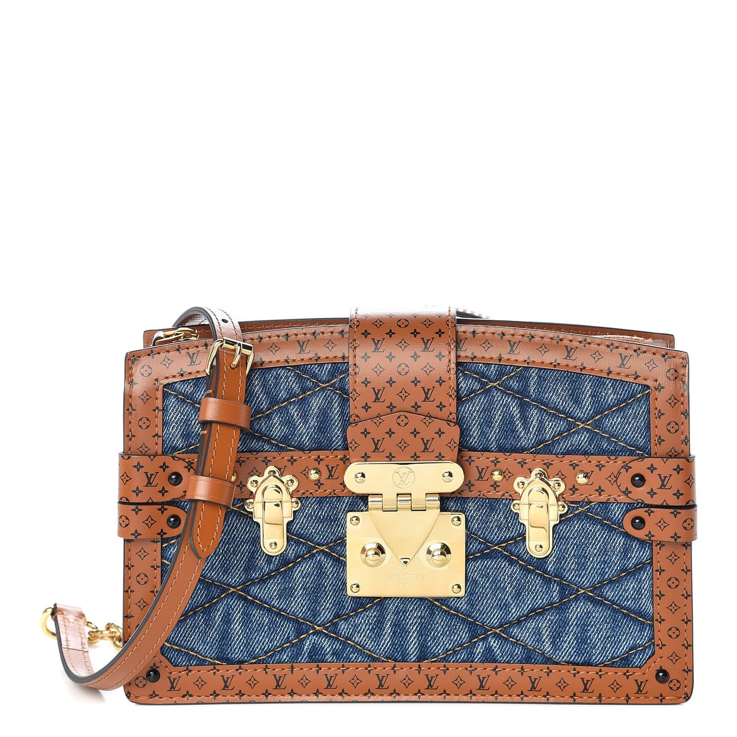 Denim Calfskin Malletage Trunk Clutch Light Blue