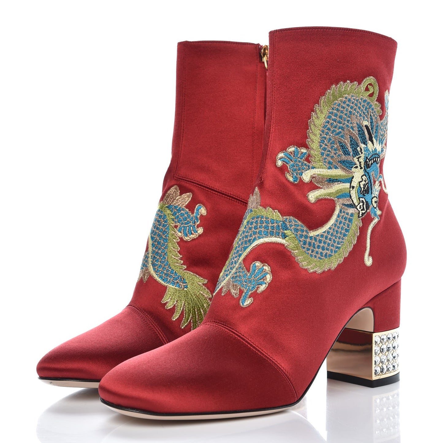 Silk Satin Malaga Kid Embroidered Candy Dragon Block-Heel Ankle Boot 36.5 Red