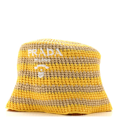 Prada Raffia Striped Logo Embroidered Womens Bucket Hat S Naturale Giallo 1 of 9