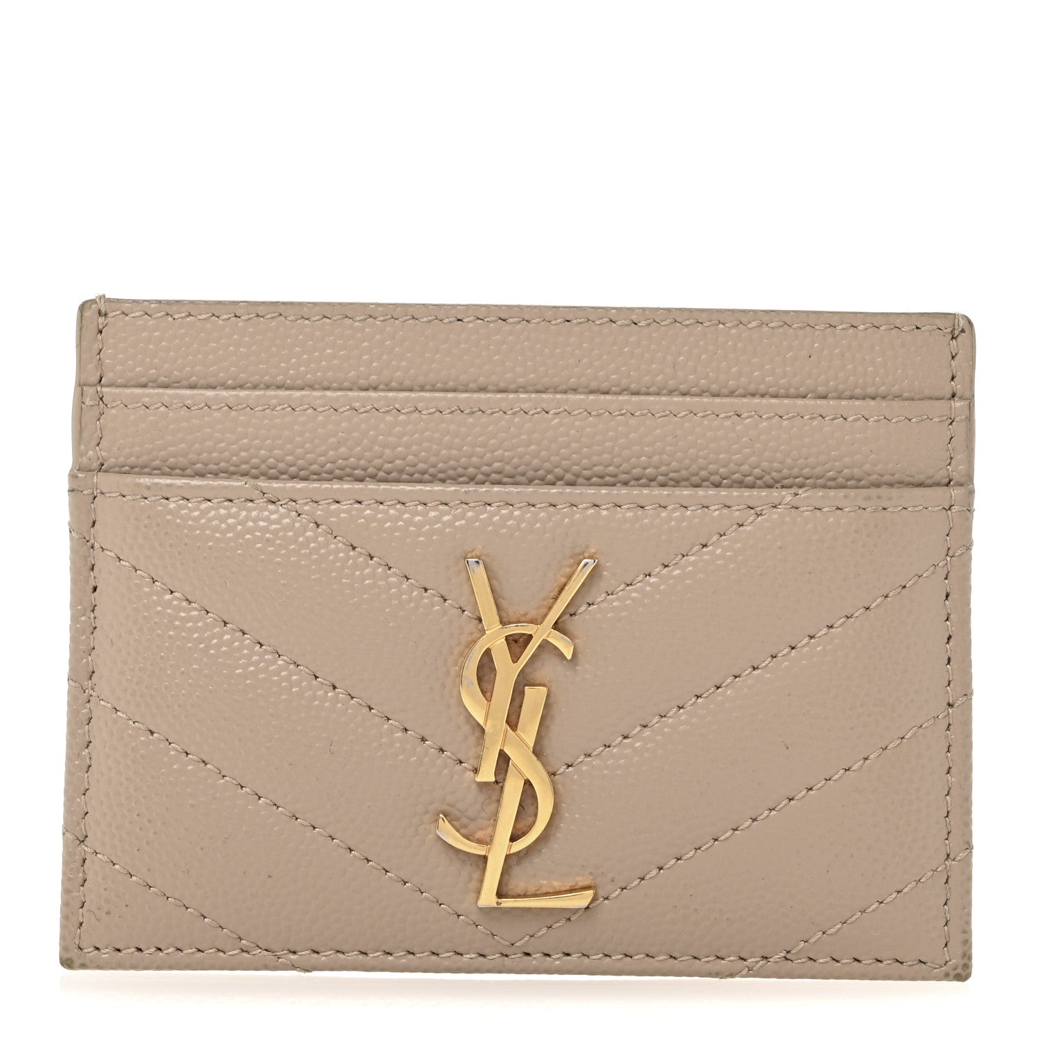 Saint Laurent Grain De Poudre Matelasse Chevron Monogram Credit Card Case Dark Beige 1 of 11
