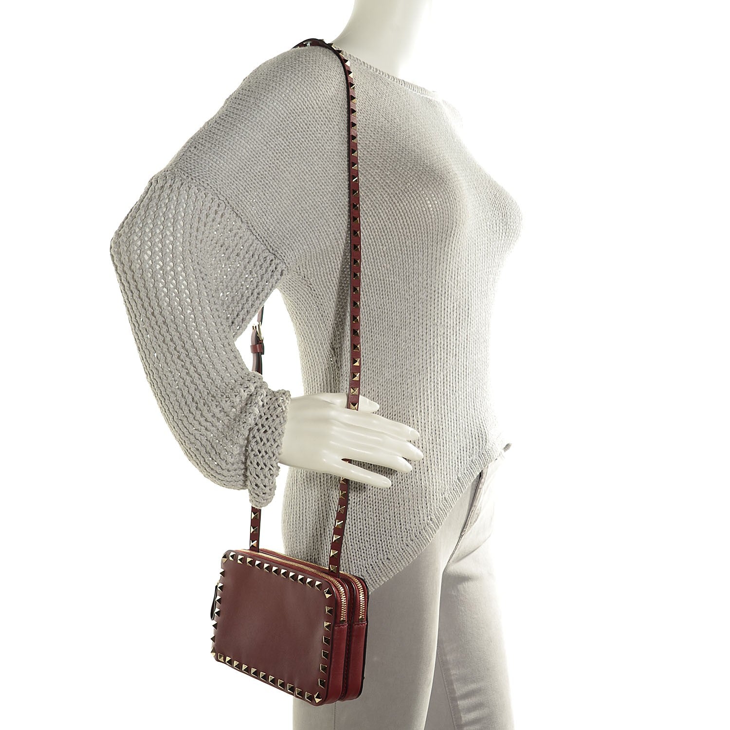 Valentino Garavani Vitello Rockstud Double Zip Compartment Crossbody Bag Burgundy 2 of 10