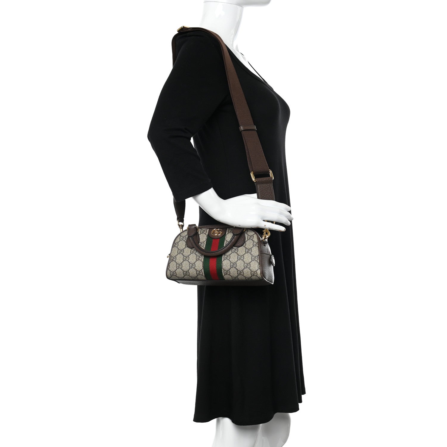 Gucci GG Supreme Monogram Textured Dollar Calfskin Web Mini Ophidia Top Handle Bowler Bag Beige Ebony New Acero 2 of 8