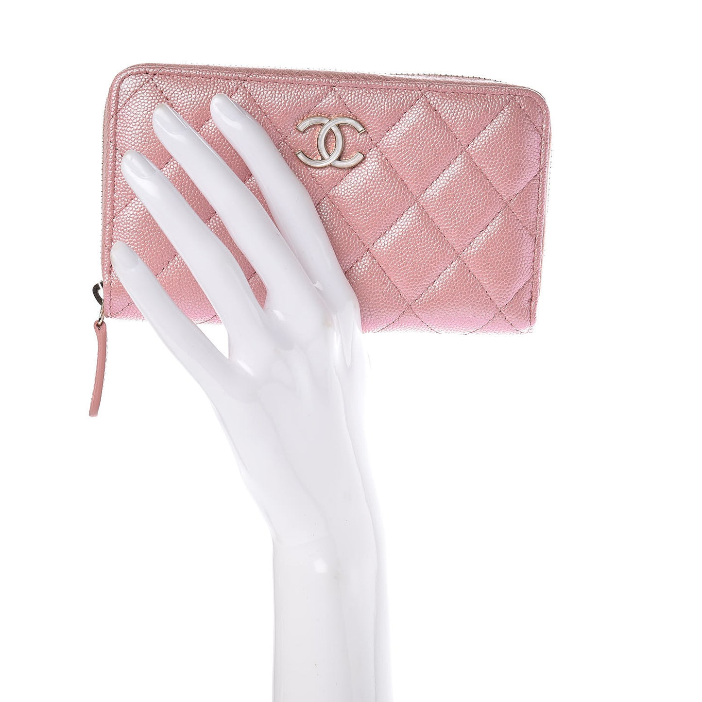 Iridescent Caviar Quilted Medium Zip Around Wallet Pink