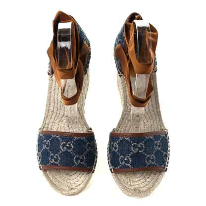 Gucci Denim GG Monogram Ankle Wrap Platform Espadrille Wedges 38.5 Blue Tea Cuir 5 of 14