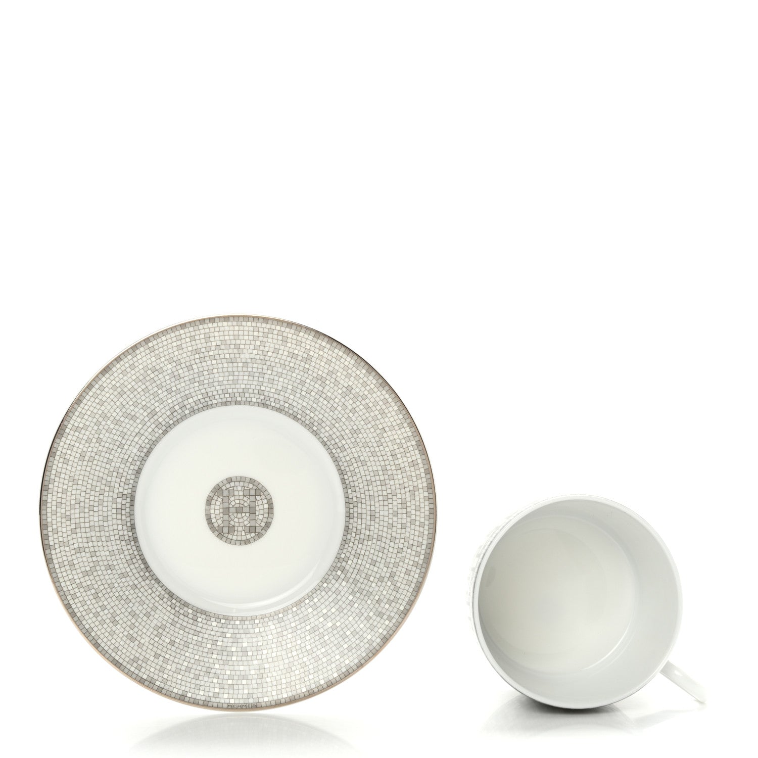 Hermes Porcelain Mosaique Au 24 Platine Tea Cup And Saucer Set Of 2 Platinum 4 of 9