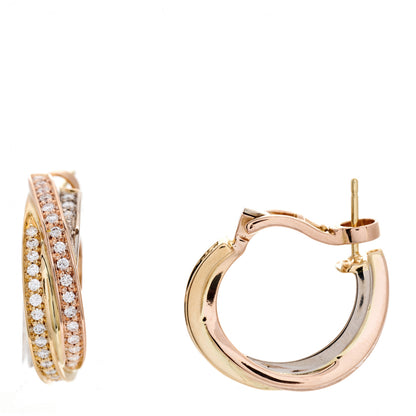 Cartier 18K Yellow Pink White Gold Diamond Trinity Hoop French Clip Earrings 1 of 4