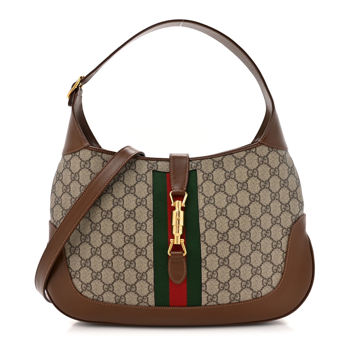 GG Supreme Monogram Azalea Calfskin Web Medium Jackie 1961 Hobo Beige Ebony Brown Sugar