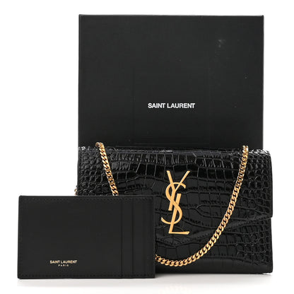 Saint Laurent Calfskin Crocodile Embossed Monogram Uptown Chain Wallet Black 12 of 12