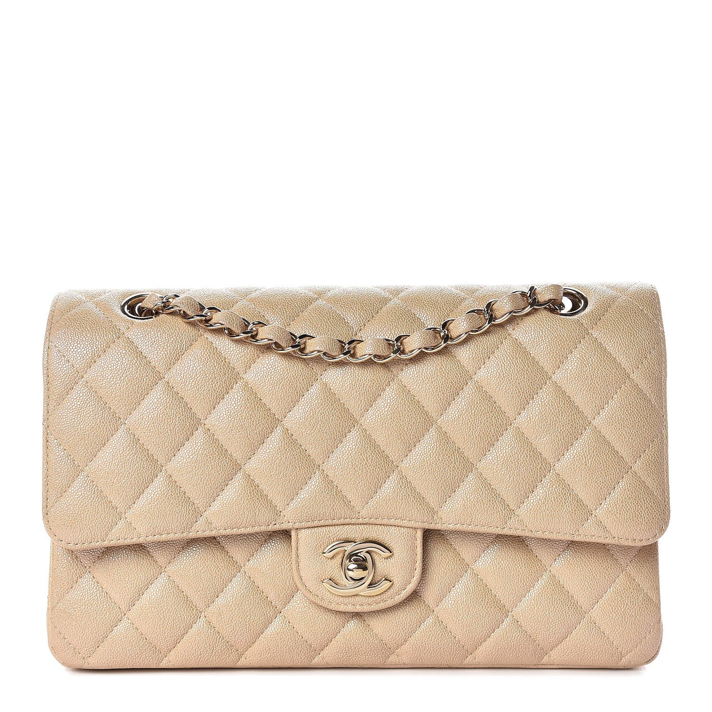Iridescent Caviar Quilted Medium Double Flap Beige