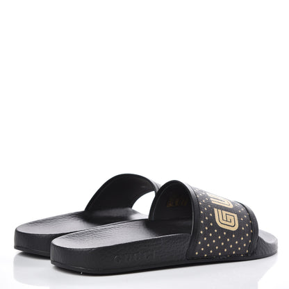 Gucci X SEGA Supreme Canvas GUCCY Stars Womens Slide Sandals 38 Black Gold 4 of 8
