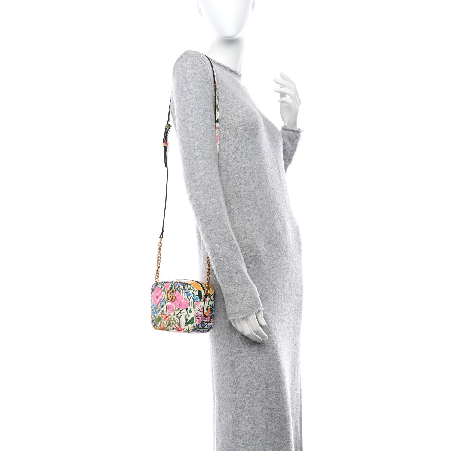 Gucci X KEN SCOTT Calfskin Matelasse Floral Print Small GG Marmont Chain Shoulder Bag Ivory Pink 2 of 17