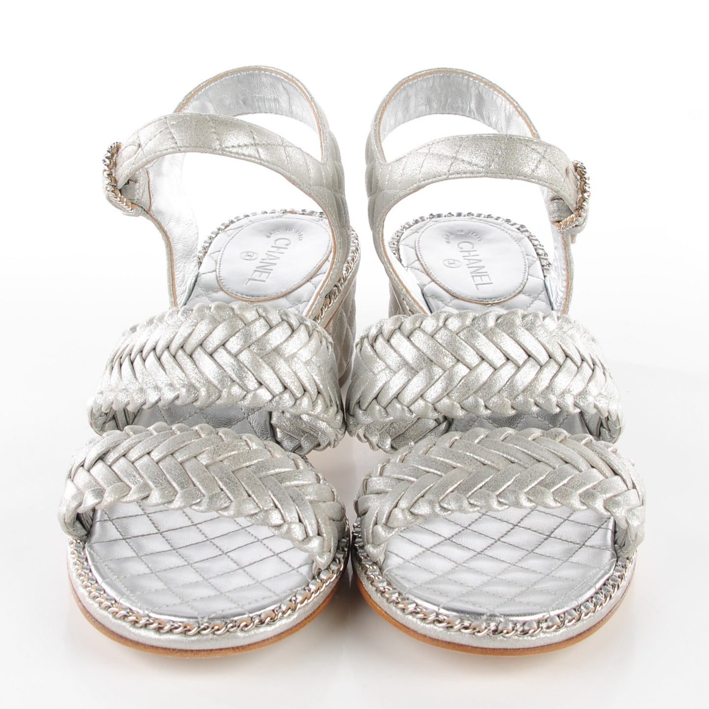 Metallic Goatskin Quilted Chain Sandals 39 Silver